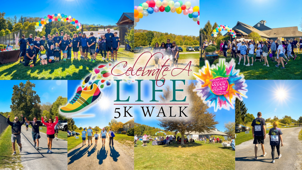 Collage of participants at a Celebrate A Life 5K Walk event under a rainbow balloon arch, with the event logo and crowd scenes.