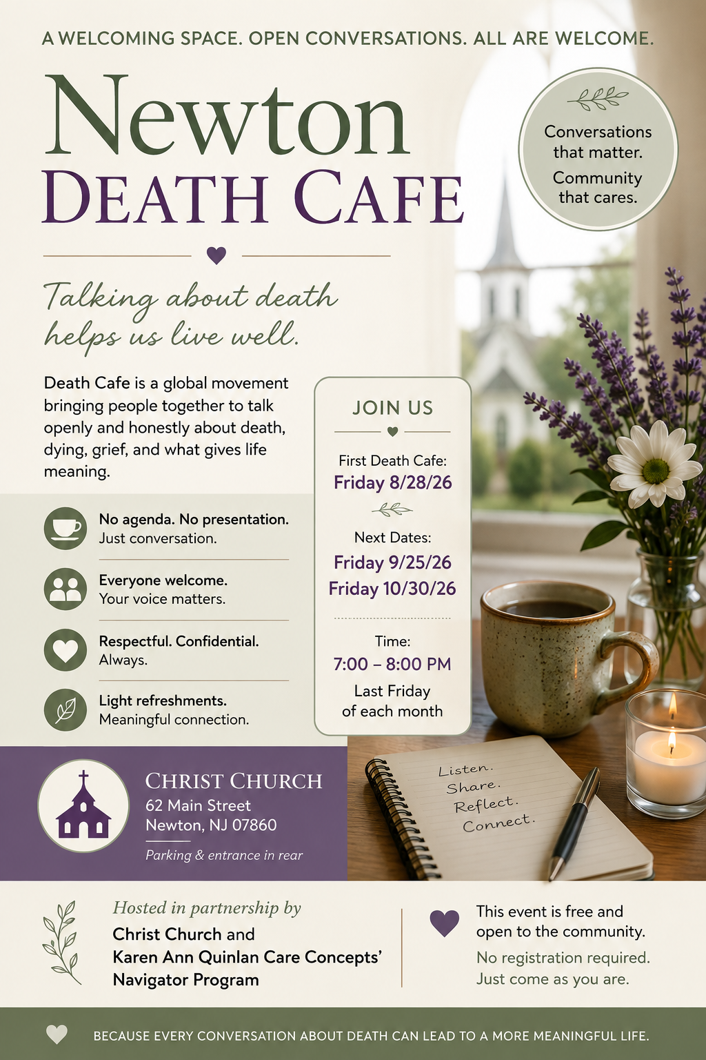 Poster for Newton Death Cafe inviting open, honest conversations about death; includes dates, times, and location at Christ Church in Newton, NJ.