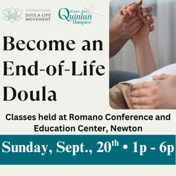 Promotional banner for an End-of-Life Doula class: event title, Newton location, and Sunday, Sept. 20, 1–6pm, with hands clasped in support or care.