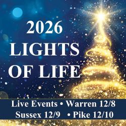 Poster for 2026 Lights of Life featuring a glowing spiral Christmas tree on a starry blue background; bottom bar lists Live Events: Warren 12/8, Sussex 12/9, Pike 12/10.