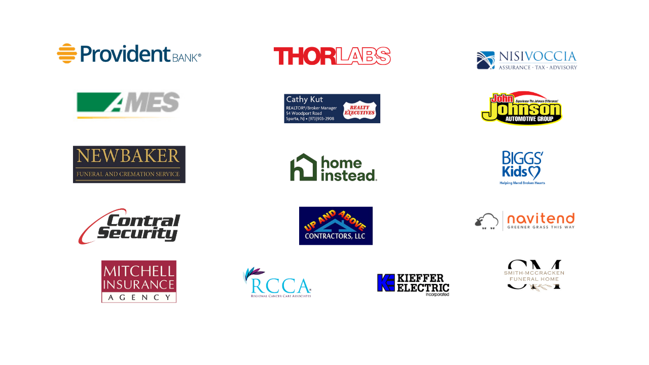 Grid of sixteen partner logos including Provident Bank, ThorLabs, Nisivoccia, Home Instead, and Smith‑McCracken Funeral Home.