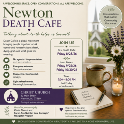 Poster for Newton Death Café inviting conversations about death, with flowers, coffee, and event details.