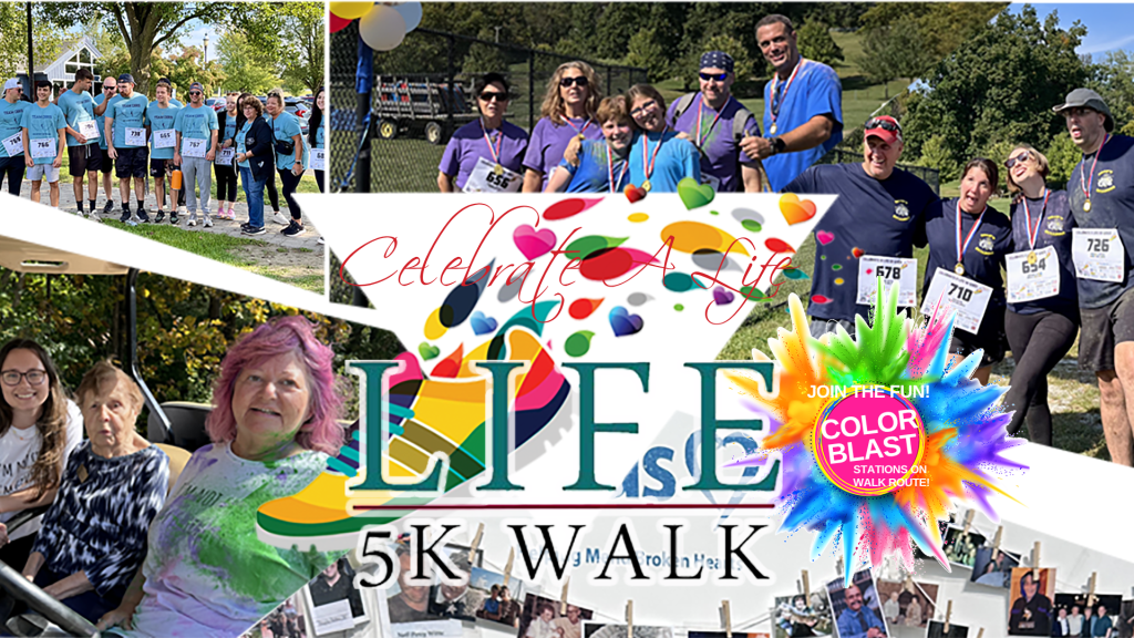 Collage of volunteers and participants at a charity color run, with 'Celebrate Life' and Color Blast graphics in the background.