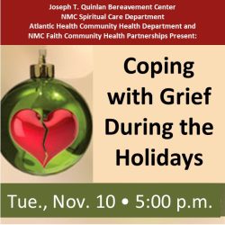 Event flyer: 'Coping with Grief During the Holidays' with a broken-heart ornament; Tue, Nov. 10 at 5:00 p.m.