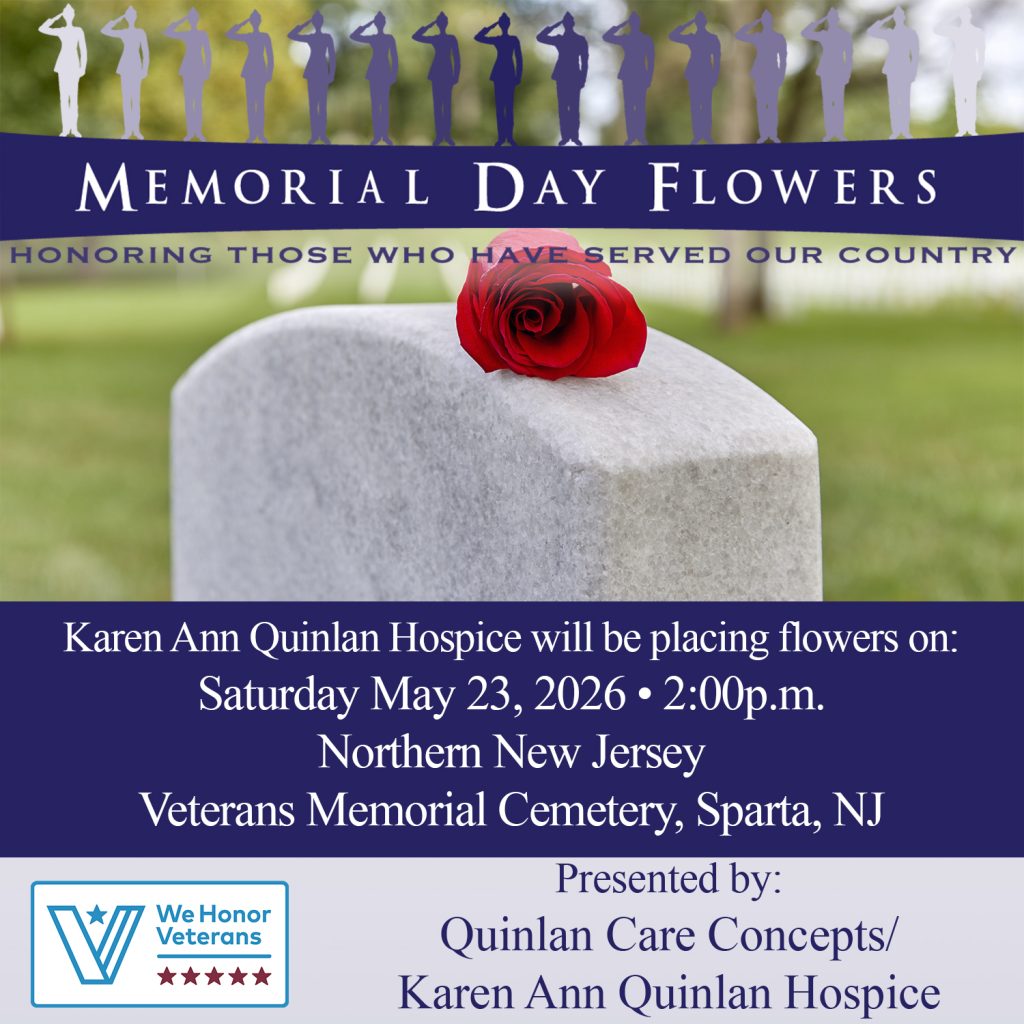 veteransgraphicflowers2025 - Memorial Day Flowers event flyer: silhouettes saluting above a rose on a gravestone with hospice event text.